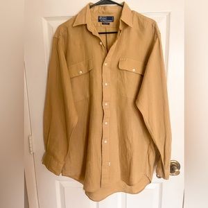 Vintage POLO by Ralph Lauren 100% Linen Tan Button Up Long Sleeve S Large